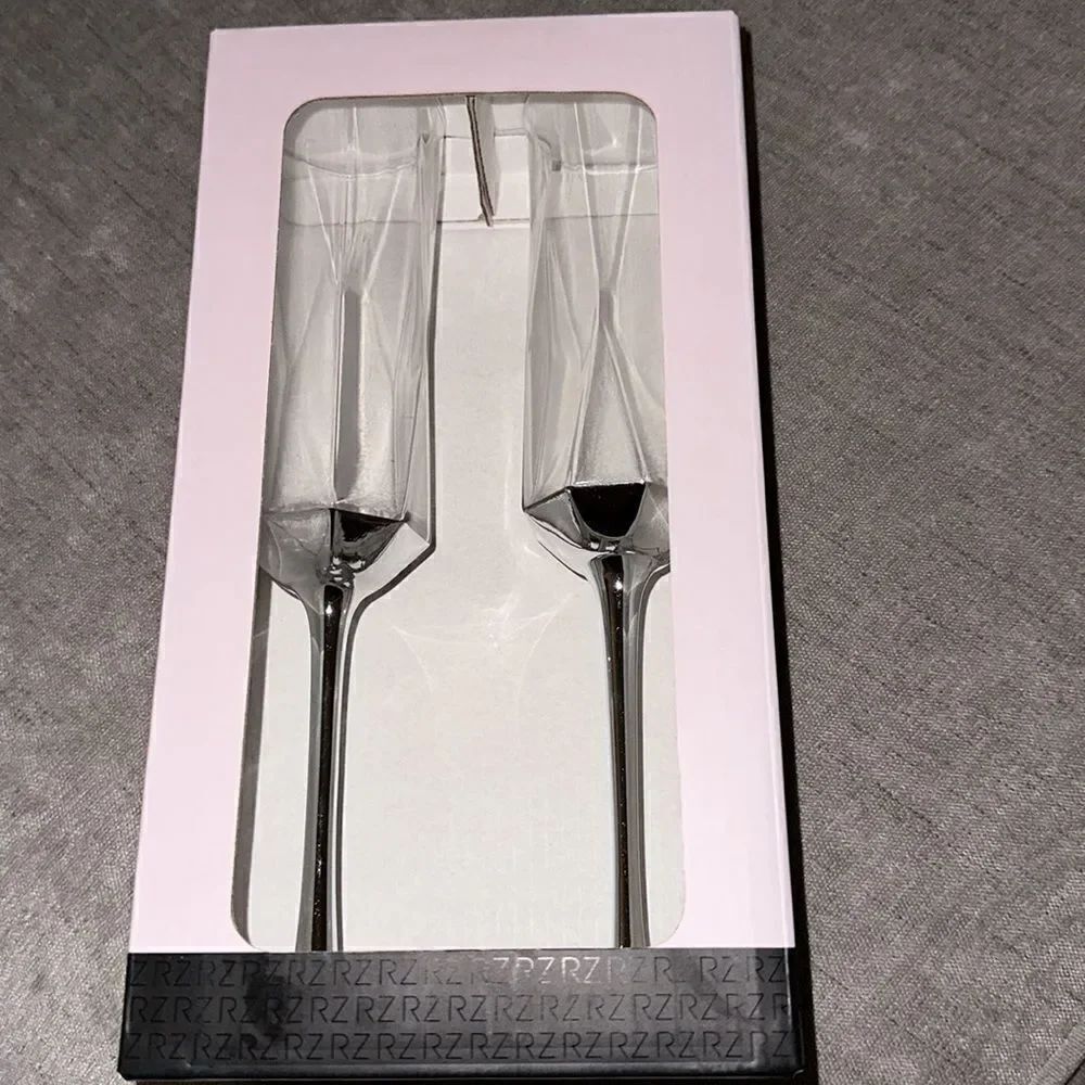 🔥Rachel Zoe Long Champagne Flute Glass Silver Set of Two!